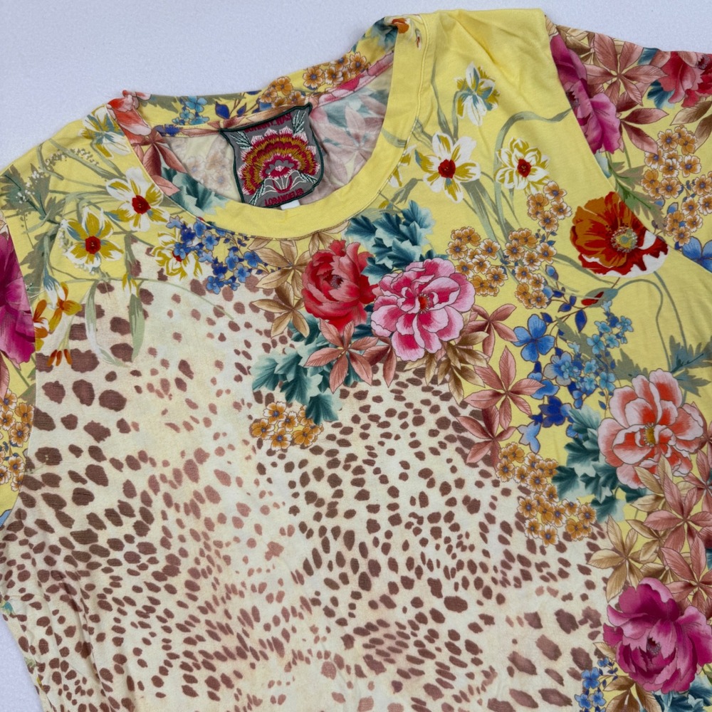 Johnny Was Bamboo Leopard Floral Print T-Shirt Yellow Multicolor Boho Womens L